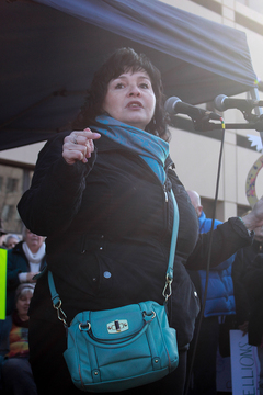 Betty Lyons, a representative from the Onondaga Nation, discussed women's rights and the origins of democracy in Syracuse.