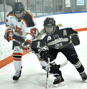 Syracuse forward Shiann Darkangello muscles for position in Syracuse's victory over Lindenwood. The sophomore scored one of the Orange's four goals.