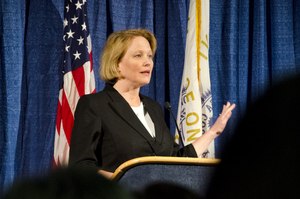 Onondaga County Executive Joanie Mahoney delivers her State of the County address  at the Carnegie Building in downtown Syracuse Tuesday night. She spoke about the economic state of the county and future projects.