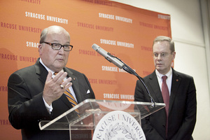 Richard Thompson, chairman of the SU Board of Trustees, speaks following the announcement in September 2013 that Kent Syverud would be SU's 12th chancellor. Thompson will step down in May from his role as chairman when his term expires.