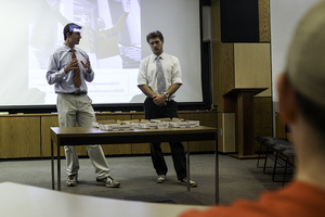 (From left) AJ Abell and Jon Dawson, running for SA president and vice president, respectively, answer a question during a town hall meeting that the two held Sunday. Only a few people attended the meeting.