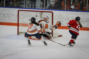 RMU's Jessica Gazzola scores on an open look during a 3-1 Colonials win Friday night. 