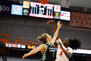 Maeva Djaldi-Tabdi fires a hook shot against North Dakota.