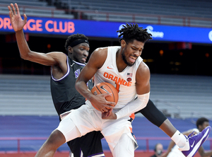 Quincy Guerrier (pictured here against Niagara) totaled 18 points against No. 21 Rutgers.