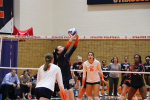 Setter Elena Karakasi finished with 12 total assists and 4 kills in SU's 3-0 win over Albany.