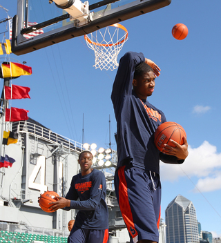 C.J. Fair (front) and Jerami Grant practice during media day on Nov. 10, 2012 before the Battle on the Midway game against San Diego State.