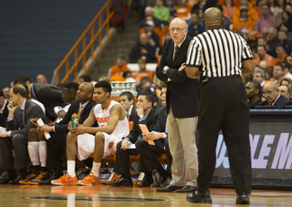 SU head coach Jim Boeheim looks for an explanation from an official after a foul call late in the first half. 