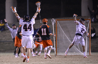 Lapierre celebrates a goal from the top of the attacking third. 