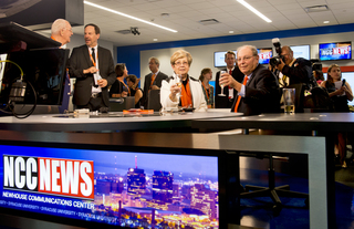 Diane Goldblatt Miron (Left) and Robert Miron (Right) sit inside the newly renovated studios in the S.I. Newhouse School of Public Communications.