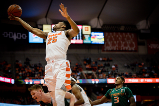 Battle attacked the rim with aggression, though he was slightly limited due to Miami’s 2-3 zone. 